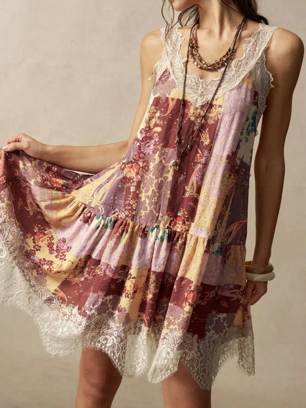Multicolor Boho Women's Floral Print Contrast Lace Hem Sleeveless Short Dress